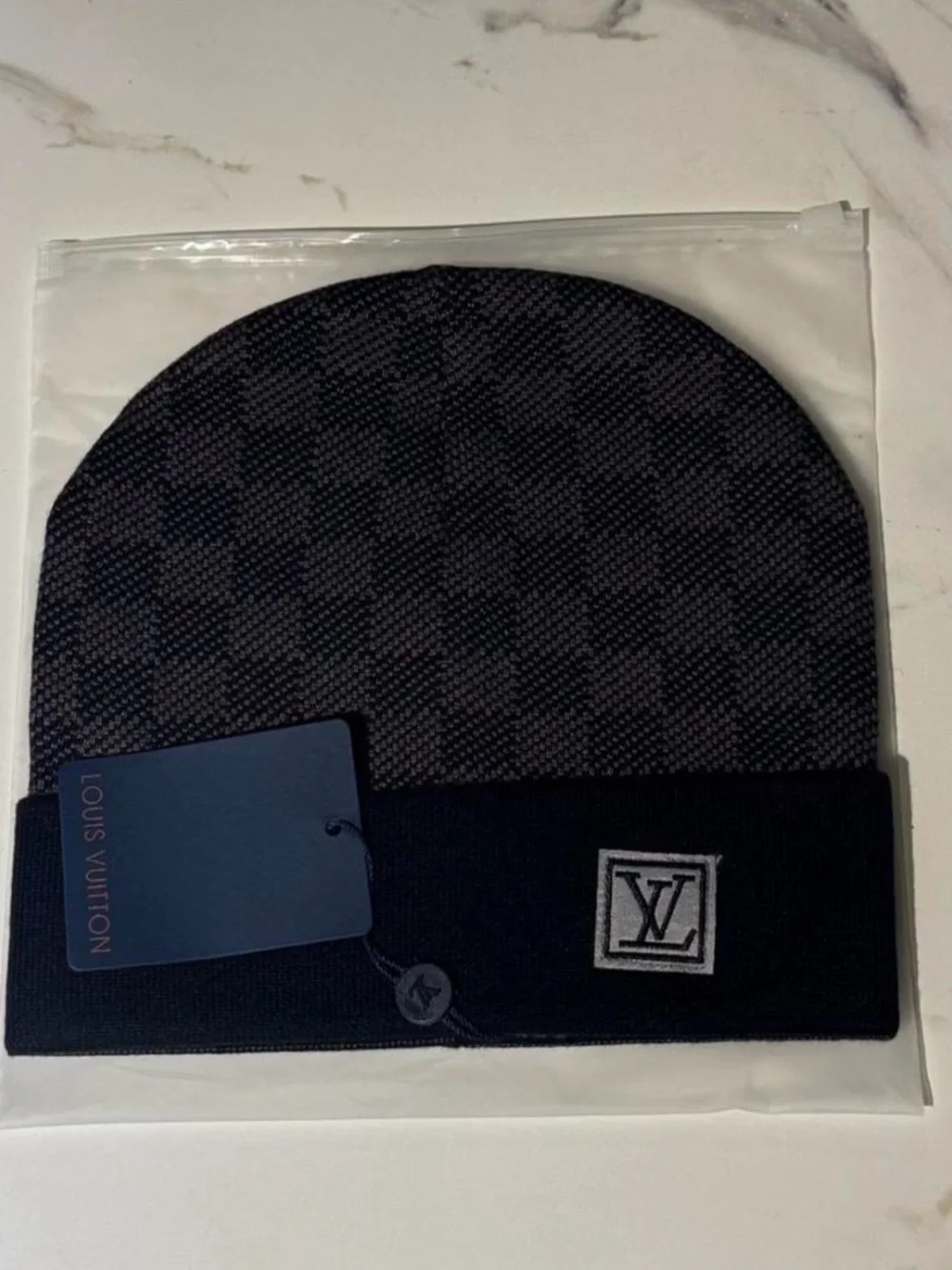Louis Vuitton Black and Gray Checkered Fold-Over Beanie